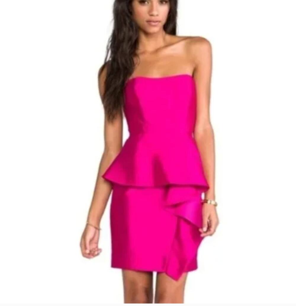 Shoshanna Hot Pink Tafetta Strapless Peplum Silk Dress Size 2 Party Cocktail